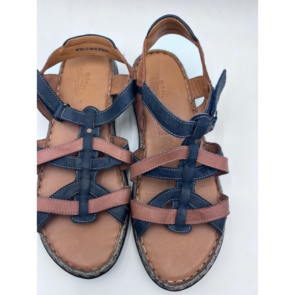 Spring Step Nyxelle Navy tan Leather Strappy Sandals Womens 40 Made in Turkey